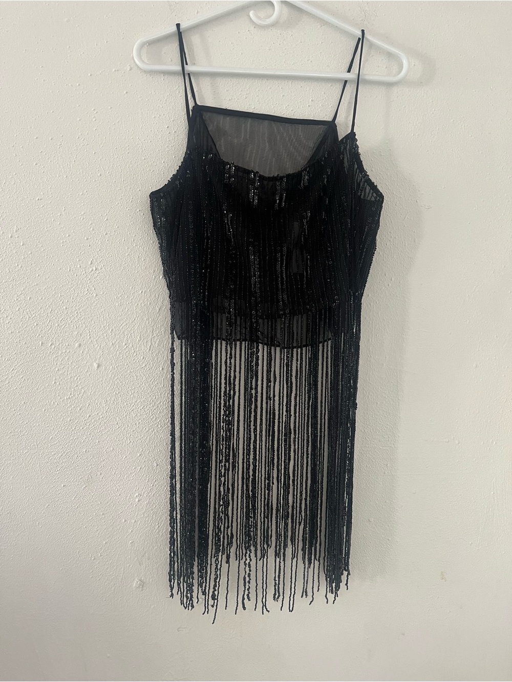 Anthropologie Black Sequin Fringe Slip Dress